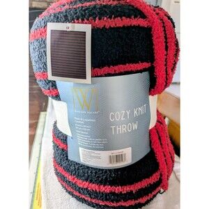 NWT Wayland Square Cozy Knit Throw Blanket 50x60 Black Red Striped Plush